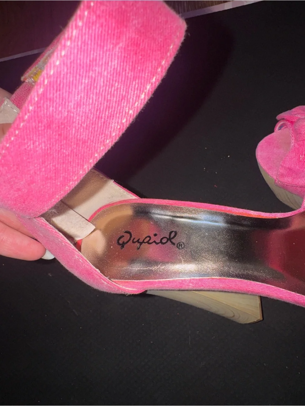 Qupid Hot Pink Suede Platform Sandals with Wood-Look Block Heel